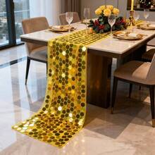 2 pezzi Runner da tavolo romantico in oro con grandi paillettes, centrotavola per feste di compleanno, decorazione per tavoli da ristorante, decorazione per tavoli da casa per riunioni festive, runner da tavolo in oro lucido, perfetto per decorazioni di negozi, celebrazioni di inaugurazione, Natale, Ringraziamento, Capodanno, San Valentino, anniversari, cerimonie romantiche al chiuso/all'aperto, feste in spiaggia, feste di fidanzamento, matrimoni - Dorato - Visualizzare 10