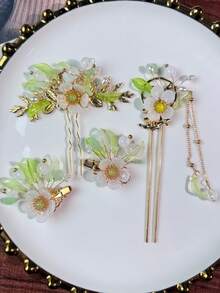 1PC/4PCS Geometric Pattern Casual Iron Alloy Flower Print Bohemian Zinc Alloy Princess Hair Accessory Super Fairy Girl Flower Pearl Hair Stick Headpiece - Multicolor - View 9