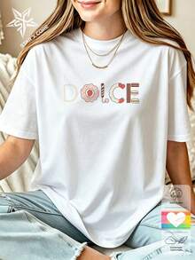 Sweet Bakery Dessert Lettering Graphic Tee, Casual Cotton Short Sleeve T-Shirt, Women - 白色 - 查看 1
