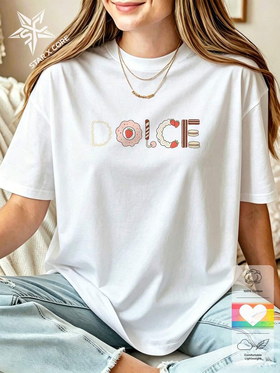 Sweet Bakery Dessert Lettering Graphic Tee, Casual Cotton Short Sleeve T-Shirt, Women - 白色 - 查看 1