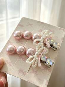 1pc Korean Style Gentle Gradient Draping Pearl Hair Clip, Mini Satin Bow Decor Alligator Hair Clip, Side Hair Clip For Girls Date Atmosphere - Multicolor - View 7
