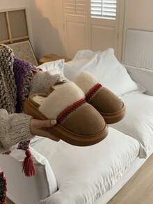 XIXITIAO Fluffy Warm Platform Slide Slippers, Fashion Closed Toe Winter House Shoes - Brown - View 10