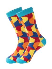 1/5 Pairs Vintage Assorted Jacquard Mid-Calf Socks, Geometric Plaid & Math Symbol Streetwear Socks For Men - Multicolor - View 9