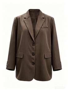 Women's Autumn/Winter Fashion Light Commute High-Quality Oversized Padded Shoulder Cuff Slit Single-Breasted Mid-Length Long Sleeve Blazer Jacket With Lining - Coffee Brown - View 6