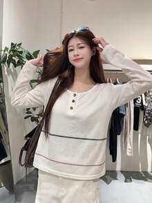 Korean Style White Henley Collar Long Sleeve T-Shirt Women, Colorful Contrast Stitching Button Front Loose Casual Thin Sun Protection Top, Spring Autumn - White - View 4
