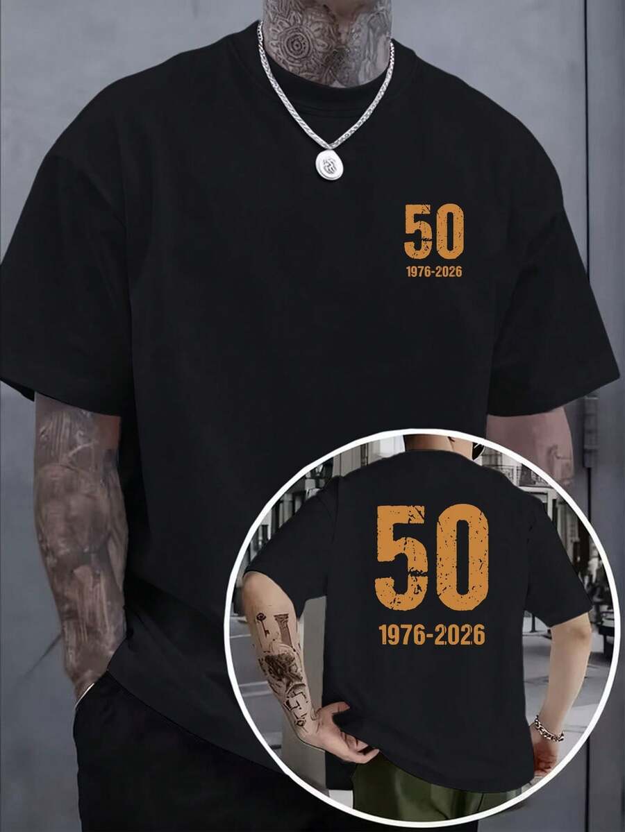 50. Birthday 1976-2026 - 50 Years Birthday Theme Retro Crew Neck Short Sleeve T-Shirt, Suitable For Casual Wear, Birthday Parties & Machine Washable. - Black - View 1