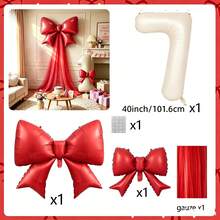 Red Bow Milk White Number Balloon 0-9, Red Chiffon Bow Balloon, Used For Bridal Shower, Anniversary, Birthday Decoration, Photo Props, Valentine's Day, Theme Party - Red Bow Cream Number Balloon - View 17