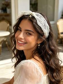 1pc Lace Wide Band Alloy Ocean Element Decorative Knotted Headband, Breathable Comfortable Women's Hair Hoop, Vintage Bohemian Style Summer Early Autumn Daily Outing Beach Wedding Outdoor Hair Accessory - Multicolor - View 3