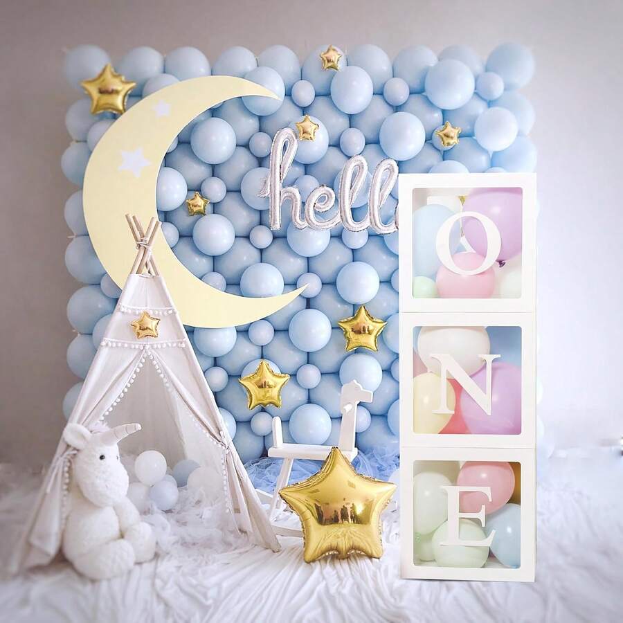 3pcs Balloon Boxes, 1st Birthday Decoration, Suitable For 1st Birthday Decoration Balloon Boxes, Cube Blocks Party Decor With Photo Props And Letters, Cake Smash Backdrop - Balloon Box - View 1
