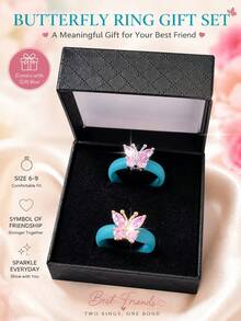2Pcs Pink Butterfly Cubic Zirconia Silicone Ring Set With Gift Box US Size 6-9 BFF Friendship Matching Rings - Silicone Ring Gift Box - View 23