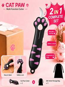 2pcs/Set Multifunctional Pocket Knife And Bag, Cute Cat Paw Retractable Curved Blade Non-Slip Handle Mini Portable Box Opener With Lanyard Hole, Home Daily Express Package Craft Cutting Portable Tool, Suitable For Students, Office Workers, Cute Gift Lovers - A - View 4
