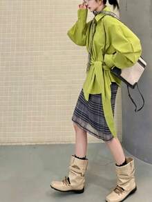 2026新款女款杏色百褶方頭短靴，前綁帶多層銀色鉚釘套腳平底低跟解構街頭時尚靴 - 杏色 - 查看 5