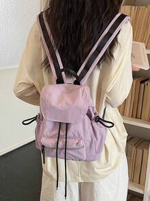 Mochila pequeña de estilo japonés popular primavera/verano 2026, color bloque fresco con solapa y cordón, bolso escolar versátil de moda para mujer, estilo universitario para estudiantes de secundaria, bachillerato y universidad, bolso de clase, bolso pequeño, versión coreana casual versátil, ligera y plegable, adecuada para uso diario - Multicolor - Ver 5