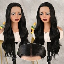 Elegante, lange, schwarze Body-Wave-Spitzenfrontperücke für Damen, 180 % Dichte, 13 x 4 x 1 Zoll, vorgezupfter Haaransatz, kleberfrei, 66 cm lang, hitzebeständig, 180 % Dichte. Ideal für Cosplay, Partys, Alltag, Silvester, Valentinstag und mehr. - Schwarz - Übersicht 4
