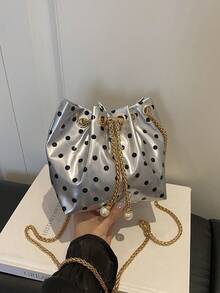 Mini New Fashion Straw Woven Gold Chain Drawstring Bucket Bag Beach Bag - Silver - View 2