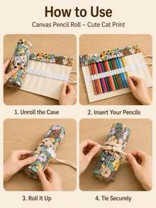 1 buah Kotak Pensil Gulung Kanvas Multi-Slot, Motif Kucing Kartun Lucu, Tas Penyimpanan Pensil Kapasitas Besar, Organizer Portabel untuk Sketsa, Menggambar, dan Mewarnai, Hadiah Mini untuk Kembali ke Sekolah dan Liburan Seni - Beraneka warna - View 3