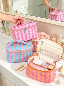 Portable Vertical Stripe Cosmetic Case Waterproof Large Makeup Bag Cute Aesthetic Toiletry Bag Handheld Beauty Handbag For Women Daily & Vacation Use - Multicolor - View 1
