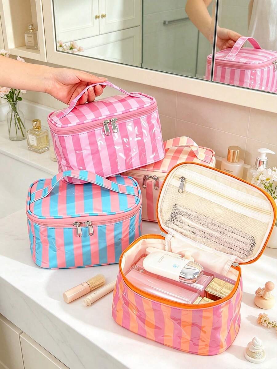 Portable Vertical Stripe Cosmetic Case Waterproof Large Makeup Bag Cute Aesthetic Toiletry Bag Handheld Beauty Handbag For Women Daily & Vacation Use - Multicolor - View 1