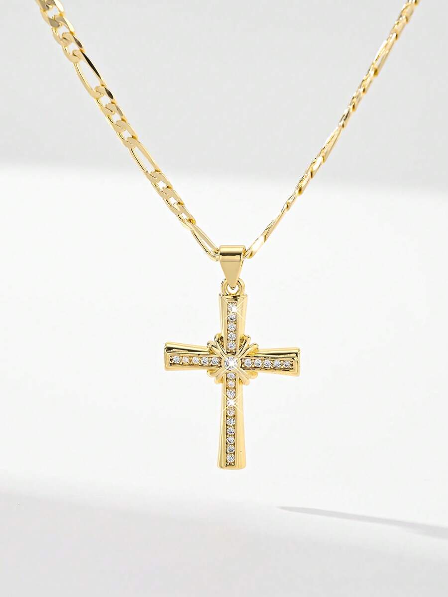 1 pieza Collar con colgante de cruz de estilo vintage dorado, de edición limitada, adecuado para regalos de Navidad/Acción de Gracias/Halloween/Día de la Madre/Día de San Valentín, Primera Comunión Católica, uso diario y festivo, oración - Amarillo Oro - Ver 1