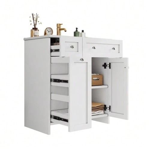 76 X 47 X 86 Cm, Freestanding Vanity Unit, Lacquered Surface, Waterproof Ceramic Basin, 8 Drawers, Soft-Close Runners, Soft-Close Hinges, Silver Handles, White. - White - View 1