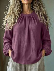 Kemeja Wanita Warna Burgundy, Kerah Bulat, Lengan Panjang, Detail Lipatan, Bahan Tenun, Cocok untuk Dipakai di Musim Gugur - Purple - View 2