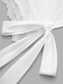 Autumn White Lace V-Neck Wrap Tie Waist Ruffle Cropped Slim Fit Top, Suitable For Cafe Check-In, Relaxed Daily Date, City Shopping Outing, Halloween Elegant Soft Outfit, Short Trip Travel Outfit - White - View 10