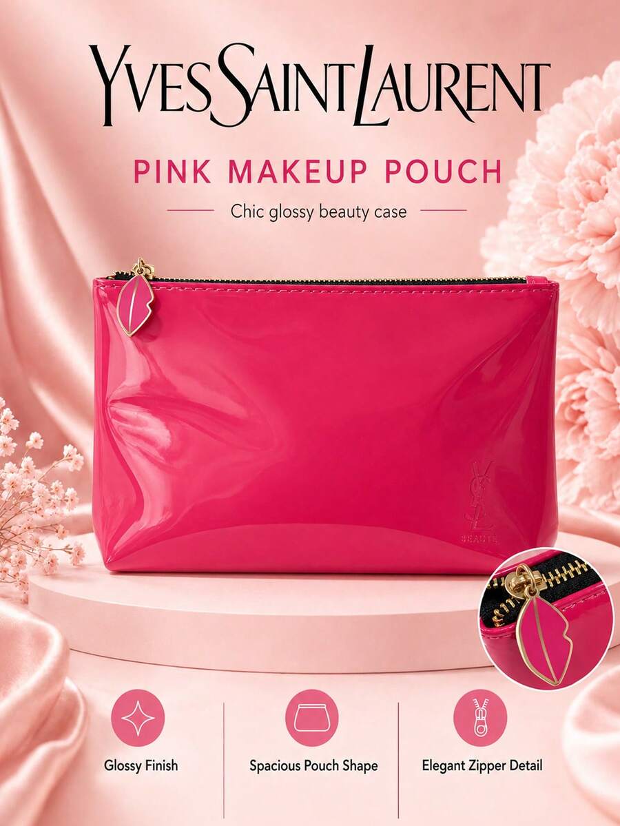 YSL Glossy Pink Makeup Bag, Patent Leather, Eye-Catching, Spacious, Perfect For Daily Storage And Travel