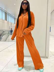 Fall/Spring Fashionable Casual Pleated Shirt Two-Piece Set: Women's Comfortable Cuffed Wide-Leg Pants Set - 橘色 - 查看 2