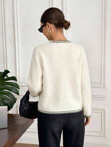 Elegant Women's Ivory Knit Cardigan With Long Sleeves, Round Neck, Contrast Piping, Patch Pockets, And Button Front For Fall And Winter Outfits - White - View 8