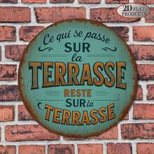 2D Flat, 1pc French "Terrasse" Teal And Rustic Green French Terrace Sign 8-Inch Round Vintage French Metal Plaque, Suitable For Outdoor French Cafe, Terrace, Balcony And Wall Decor (Random Hole Position) - A - View 6