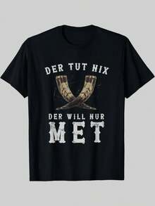 Camiseta de hombre con diseño vikingo y texto en alemán - Estampado de hacha vikinga y casco con cuernos estilo heavy metal, frases en alemán ("Der Tut Nix Der Will"), adecuada para eventos - Negro - Ver 1