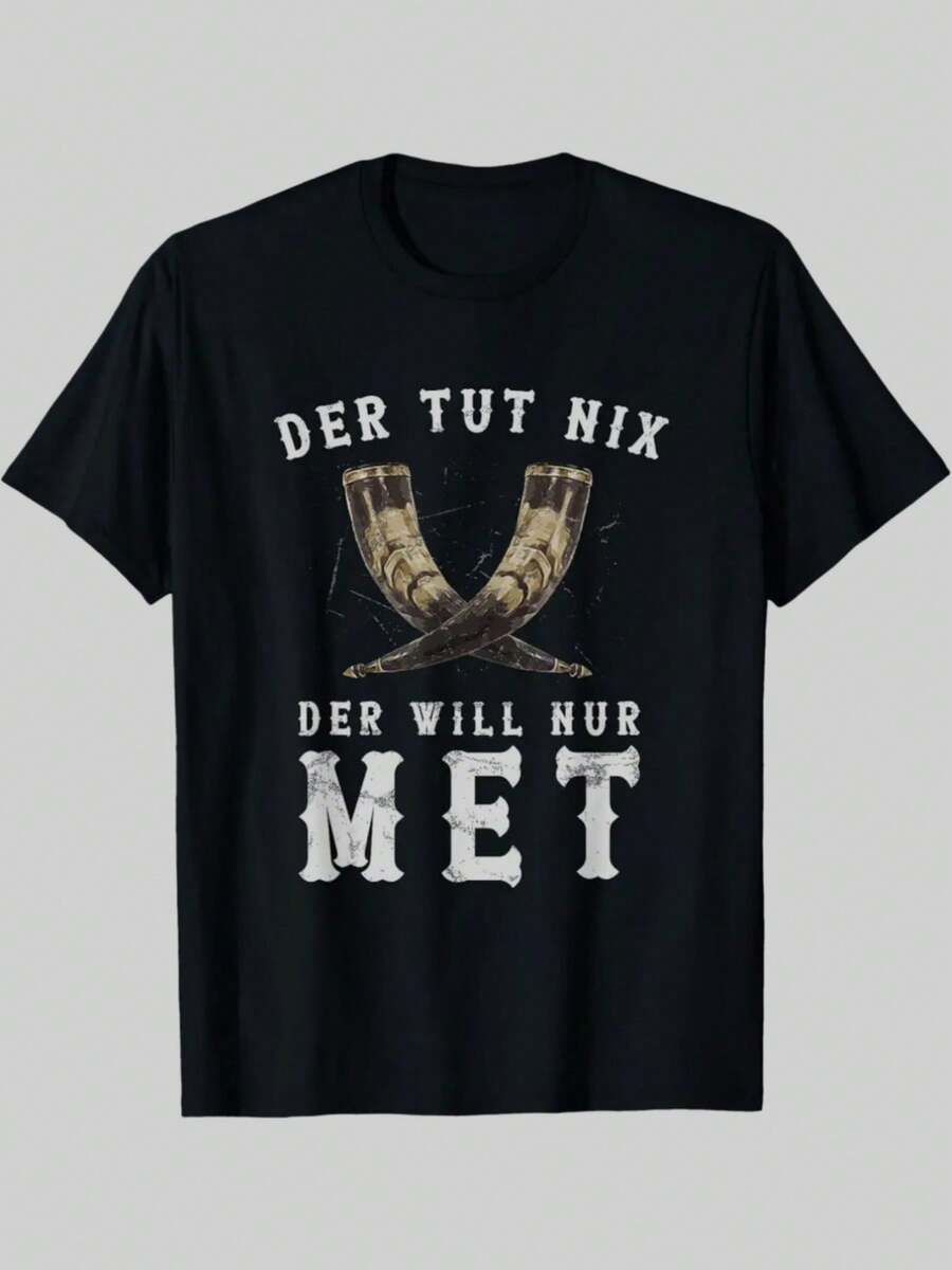 Camiseta de hombre con diseño vikingo y texto en alemán - Estampado de hacha vikinga y casco con cuernos estilo heavy metal, frases en alemán ("Der Tut Nix Der Will"), adecuada para eventos - Negro - Ver 1