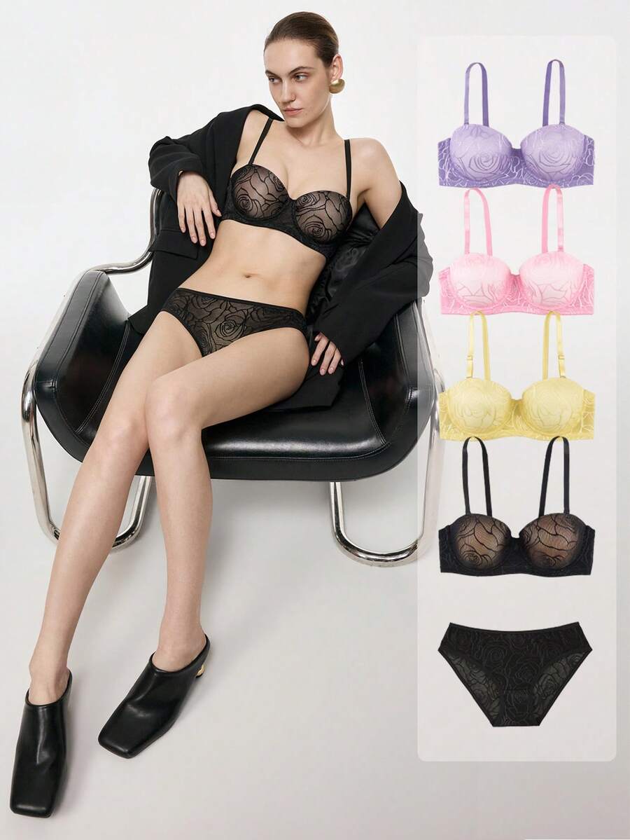 Bralution Women's Floral Mesh Fashionable Comfortable Lingerie Set Multi-Pack Bra & Panty Set - Multicolor - View 1