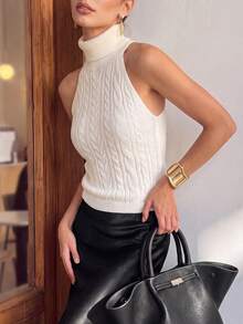 minisummer Women Elegant Fall Turtleneck Halter Knit Top, Cable Textured Sleeveless Fitted Cropped Sweater Vest For Daily Layering Outfits - White - View 8