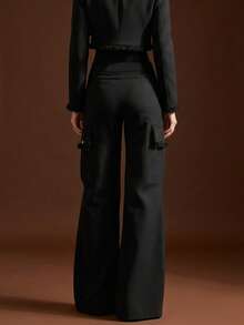 Women's Black Non-Stretch Polyester Wide Leg Pants With Utility Pocket Details - Black - View 3