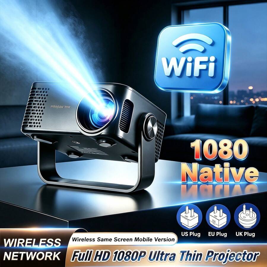 MOMAN 便攜式超迷你口袋投影機，原生 720P HD 4K 解碼，雙頻 WiFi 無線螢幕鏡像，內建音訊喇叭，家用劇院，支援 EU/UK/US 轉接頭，相容手機、筆電、DVD