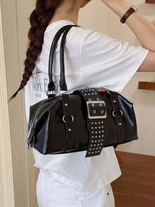 Small Niche Design Rivet Decoration Handbag, Simple And Versatile High-End Texture Buckle Tote Bag, Suitable For Street Friends Gathering, Commuting - Black - View 4