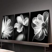 3pcs Elegant Black And White Botanical Flower Canvas Prints - NO Frame, Modern Wall Art For Living Room, Bedroom, Office Decor - A - View 1