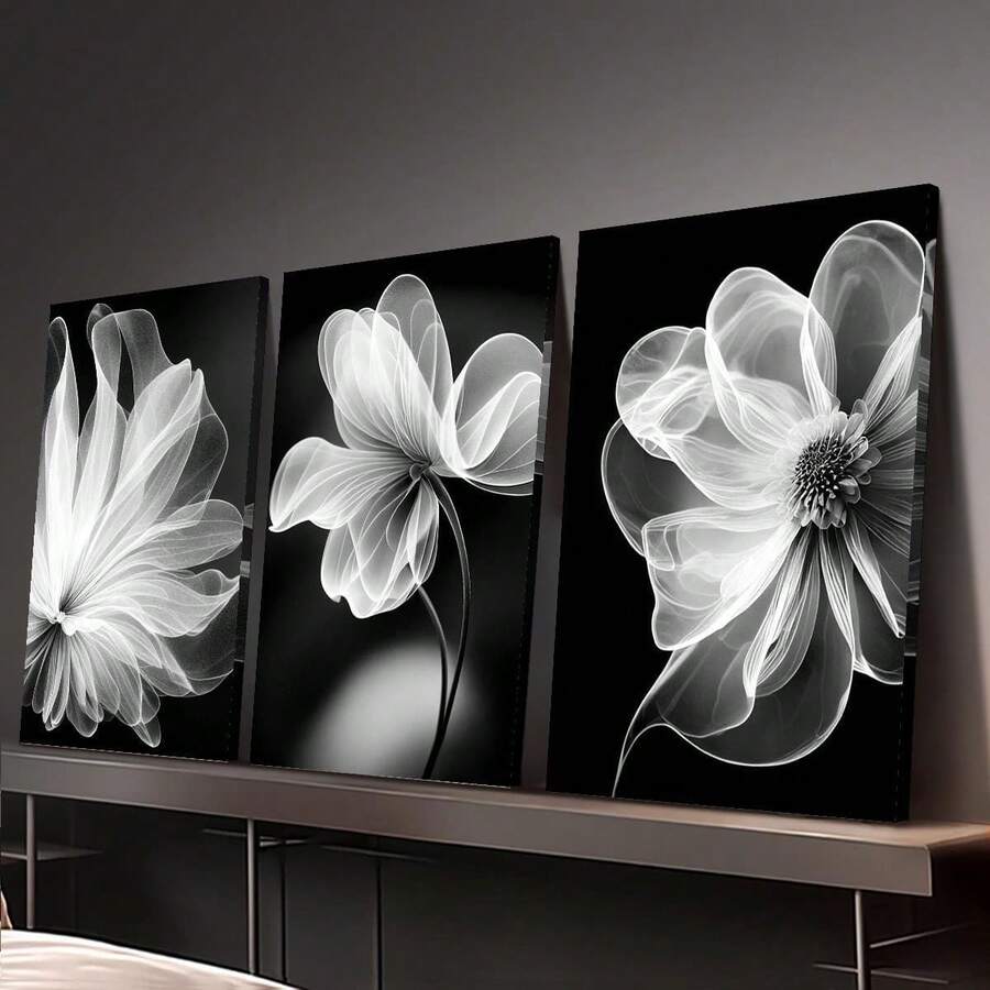 3pcs Elegant Black And White Botanical Flower Canvas Prints - NO Frame, Modern Wall Art For Living Room, Bedroom, Office Decor - A - View 1