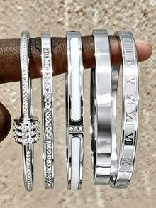 5PCS/1PC Stainless Steel Bracelet, Roman Numeral & White Shell Inlaid & Rhinestone Bracelet, Stackable Jewelry Gift For Women - Silver - View 1