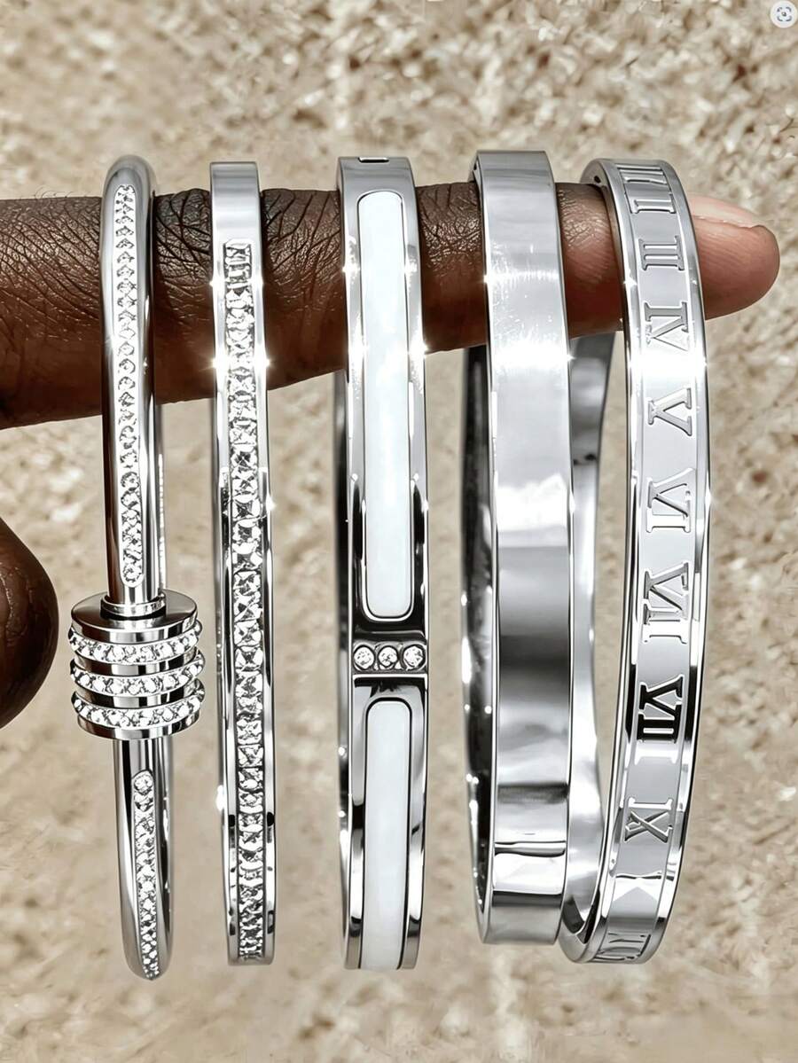 5PCS/1PC Stainless Steel Bracelet, Roman Numeral & White Shell Inlaid & Rhinestone Bracelet, Stackable Jewelry Gift For Women - Silver - View 1