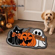 1pc Halloween Black Cat Pumpkin Alien Shaped Doormat, Soft Cute Black Cat, Quirky Pumpkin And Adorable Ghost Combination Design, Instantly Creating Halloween Atmosphere, Perfect For Fun Holiday Entryway Corner. Suitable For Decorative Rug, Bedroom Decor, Small Rug, Carpet, Home Decor, Living Room Rug, Living Room Small Rug, Bedroom Rug, Living Room Home Decor, Outdoor Rug, Washable Rug - Multicolor - View 2