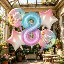 7pcs Gradient Number Foil Balloons With "Happy Birthday" Round Pattern And Pink & White Star Design, Free Adhesive Straws Included, Suitable For Kids Birthday, Baby Shower, Girls Party And Photo Backdrop - View 9
