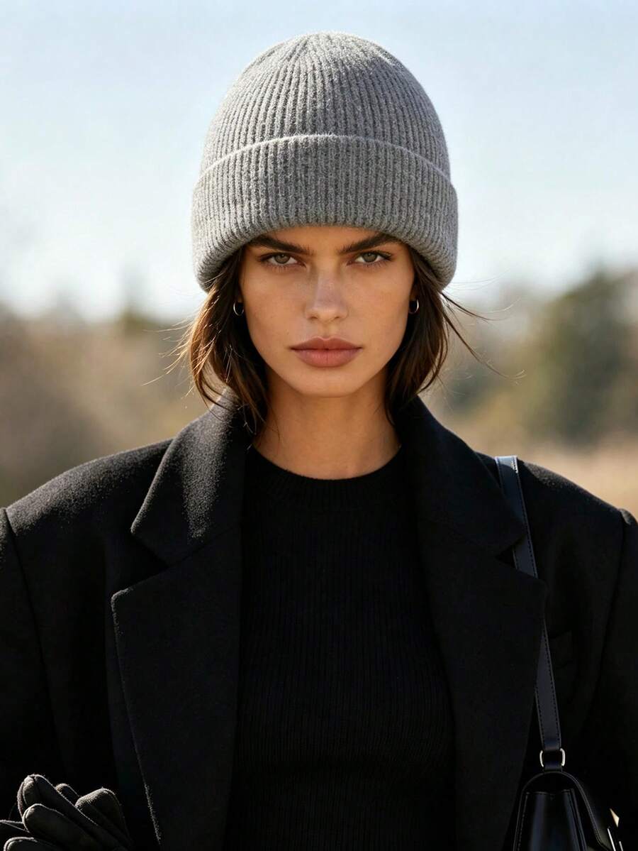 1pc Ribbed Knit Beanie, Minimalist Solid Color Loose Oversized Hat, Unisex Autumn/Winter Warm Ear Protection Wool Cap - 1pcs - View 1