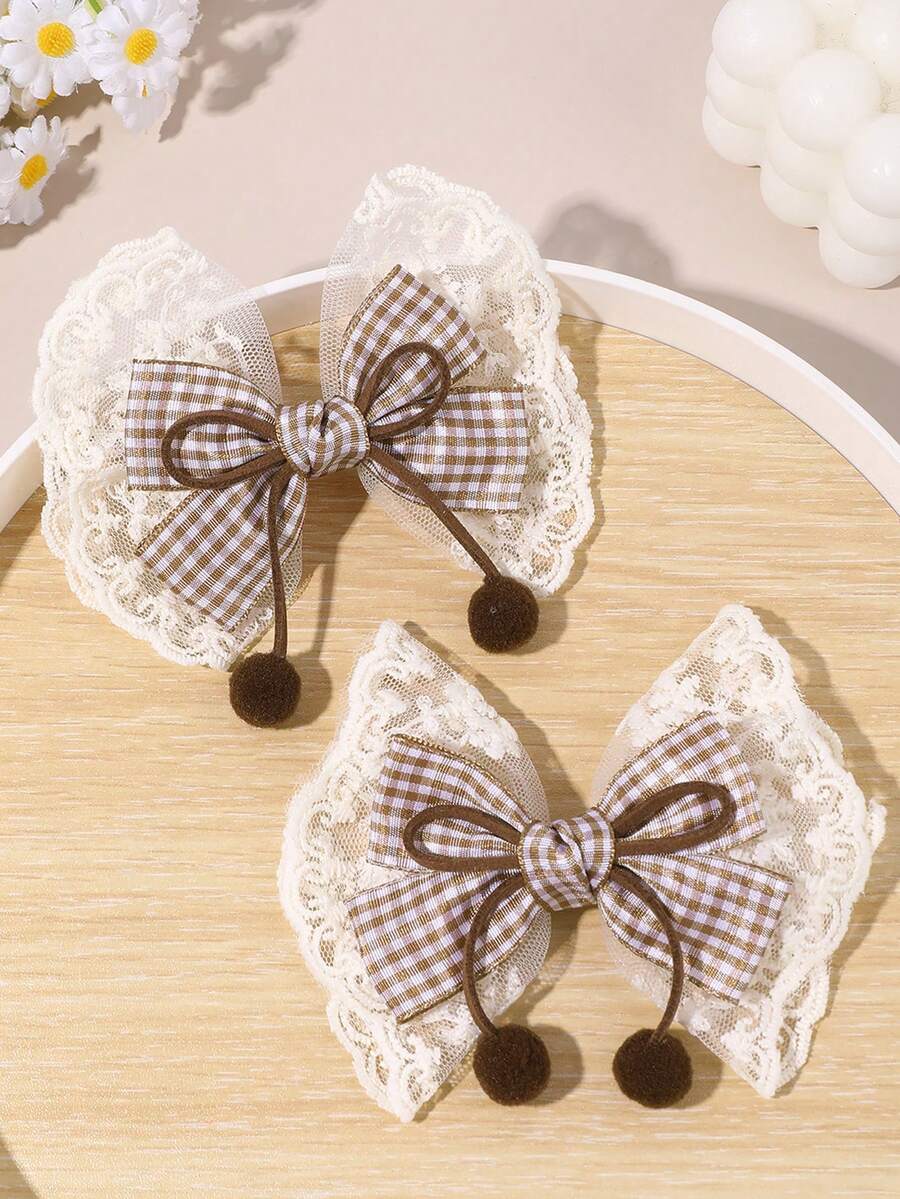 2 piezas de lazos de encaje para el cabello para niñas, lazos de bola color caqui, lazos de cuadros caqui, elegantes pasadores para boda y fiesta, barrettes casuales, accesorios para el cabello de bebé. - Multicolor - Ver 1