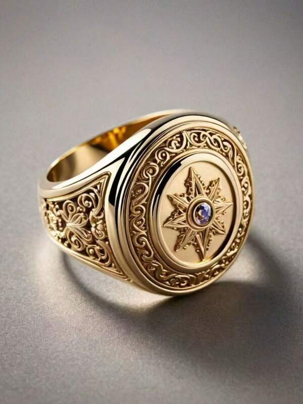 1pc Fashion Men's Exquisite Elegant Floral Pattern North Star Design Ring, Wedding Engagement Party Jewelry Gift
