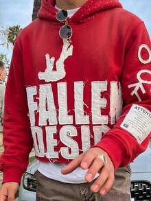 Y2k Embroidered Letter Hoodie Fallen Desire,Vintage Red Oversize Pullover Autumn And Winter Street Casual Sweatshirt Unisex, Back-To-School - Burgundy - View 3