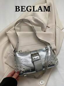 Fashionable Unique Design Chain New Women's Gothic Style Rivet Crossbody Bag Shoulder Bag Handbag Solid Color Rivet Chain Crossbody Bag - Silver - View 1