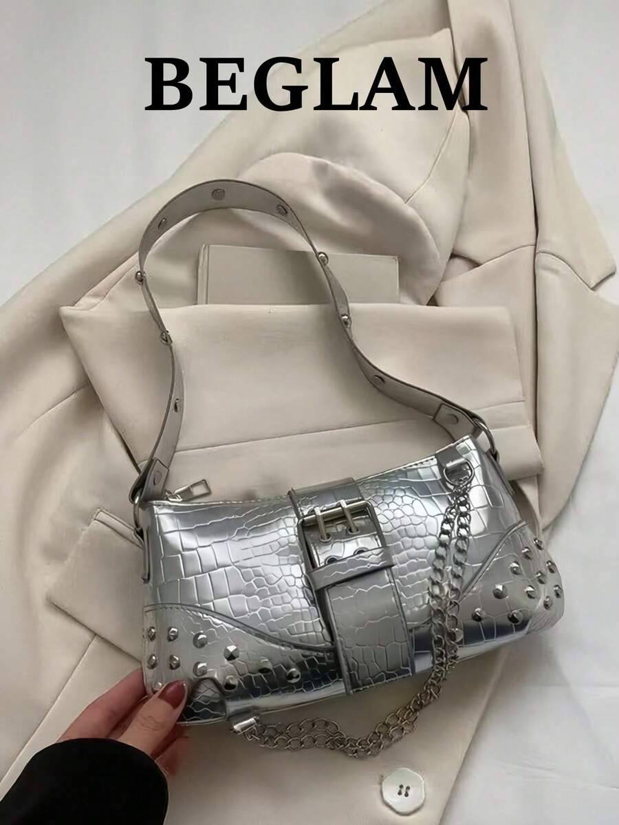 Fashionable Unique Design Chain New Women's Gothic Style Rivet Crossbody Bag Shoulder Bag Handbag Solid Color Rivet Chain Crossbody Bag - Silver - View 1