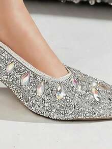 Kitten Heels For Women Slingback Heels Pointed Toe Pumps Rhinestones Pearls Stiletto Sparkly Bridal Sandals For Wedding Prom Dating - Silver - View 6
